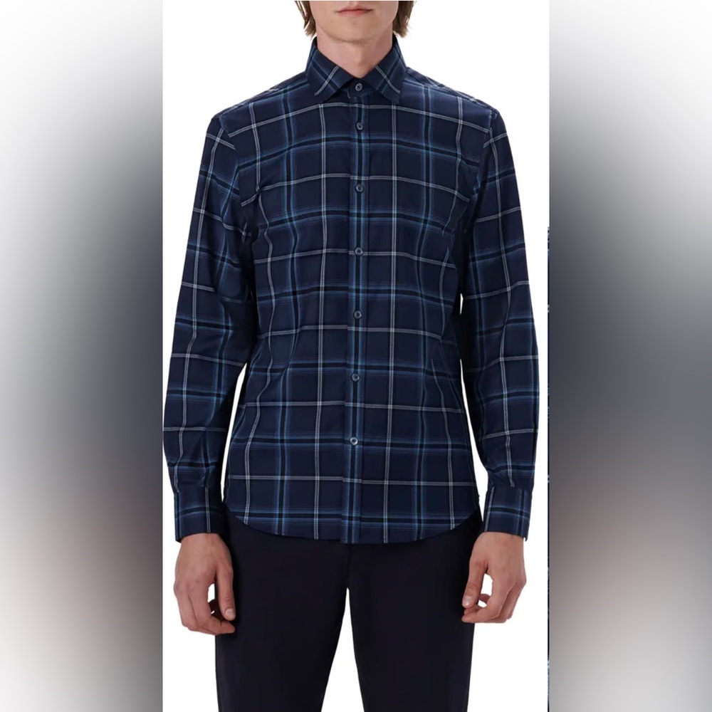 BUGATCHI 🆕 Shaped Fit Plaid Stretch Cotton Button-Up Shirt. Size Small.